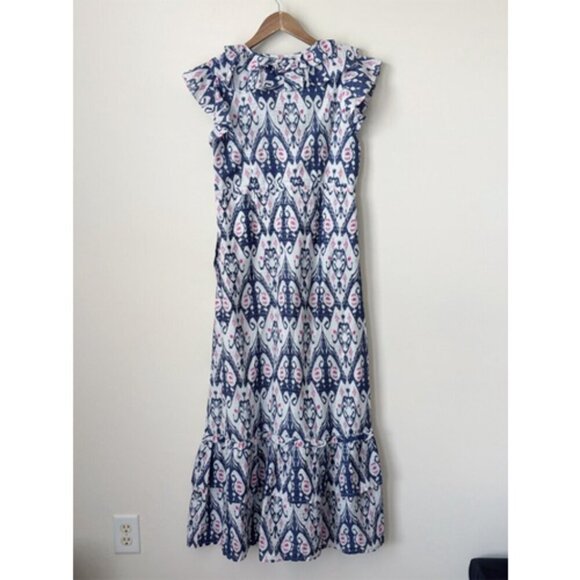 La Plage Sarah Ikat Print Maxi Dress XS Ruffle Navy Fuchsia - Picture 5 of 9